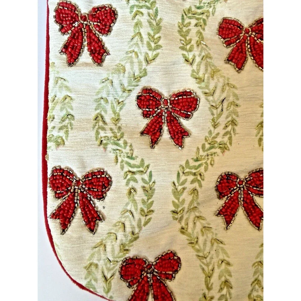 Tahari Home Christmas Stocking Beaded Bows Red Gold Silver Green 22” Coquette